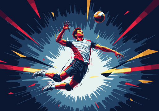 Dynamic illustration of a male volleyball player jumping high to spike the ball against an explosive, abstract background.