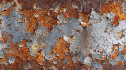 Close-up of a rusted metal surface reveals layers of peeling paint and corrosion. The mixture of orange, gray, and silver creates a visually striking texture indicative of weathering over time.