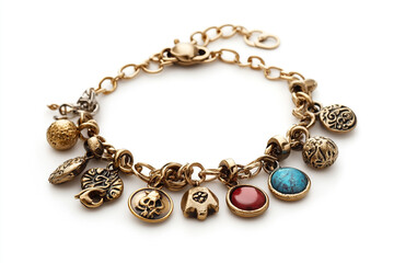 Obraz premium Elegant gold charm bracelet with skull, gemstone, and intricate metal pendants on white
