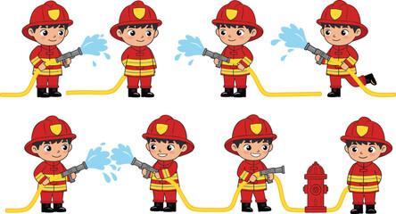 Naklejka premium Cartoon Firefighter Boy Characters in Action with Hose and Hydrant – Cute Illustrations for Safety, Careers, and Educational Themes