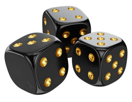 Glossy Black Dice with Golden Pips, Front Angle 3D Render, isolated on transparent PNG