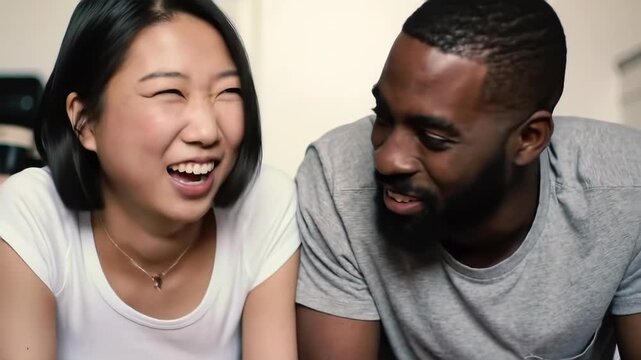 Smiling diverse couple sharing a joyful moment, embodying happiness and connection in their daily life.