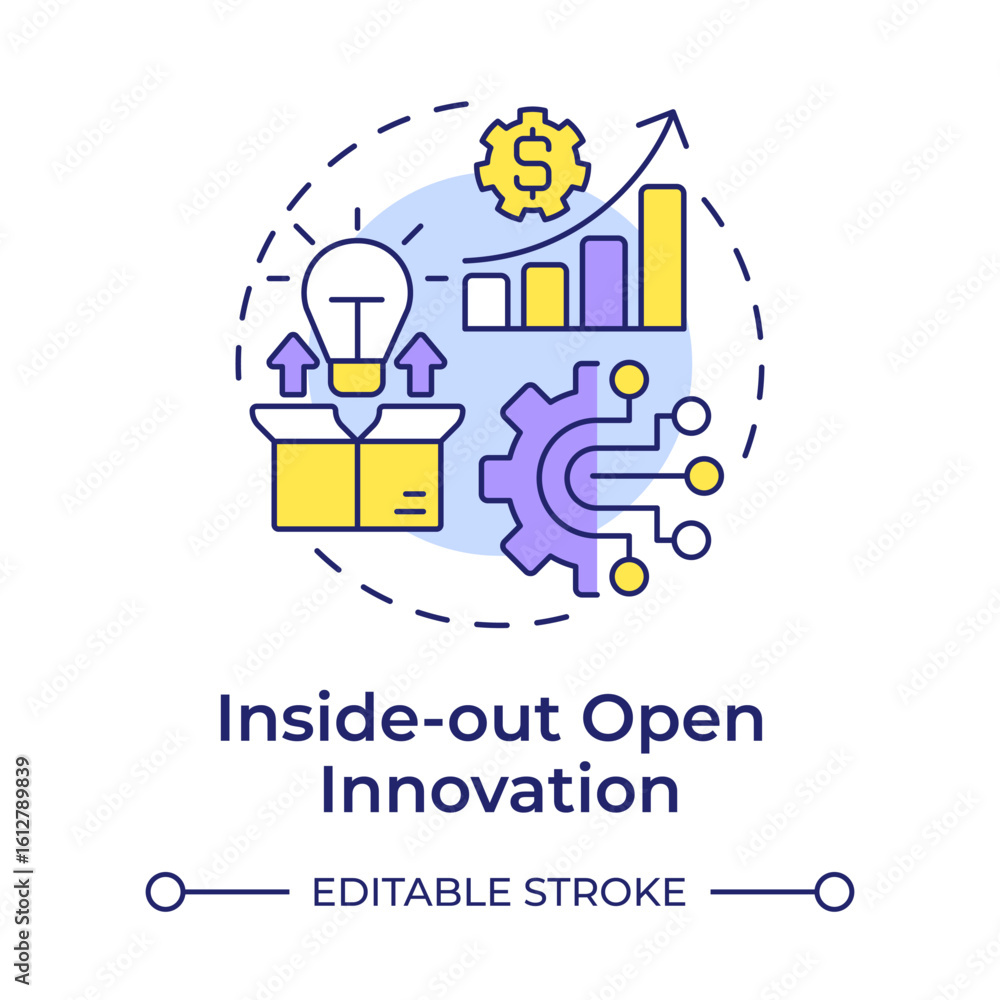 Poster inside out open innovation multi color concept icon. outward transfer of internal knowledge and tech