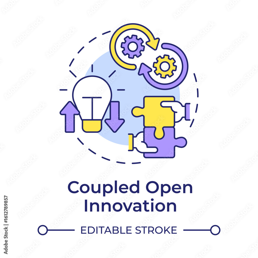 Poster coupled open innovation multi color concept icon. combination of outside in and inside out strategie