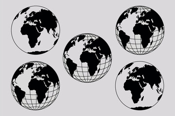 Obraz premium Five stylized globes of earth showing continents and grid lines