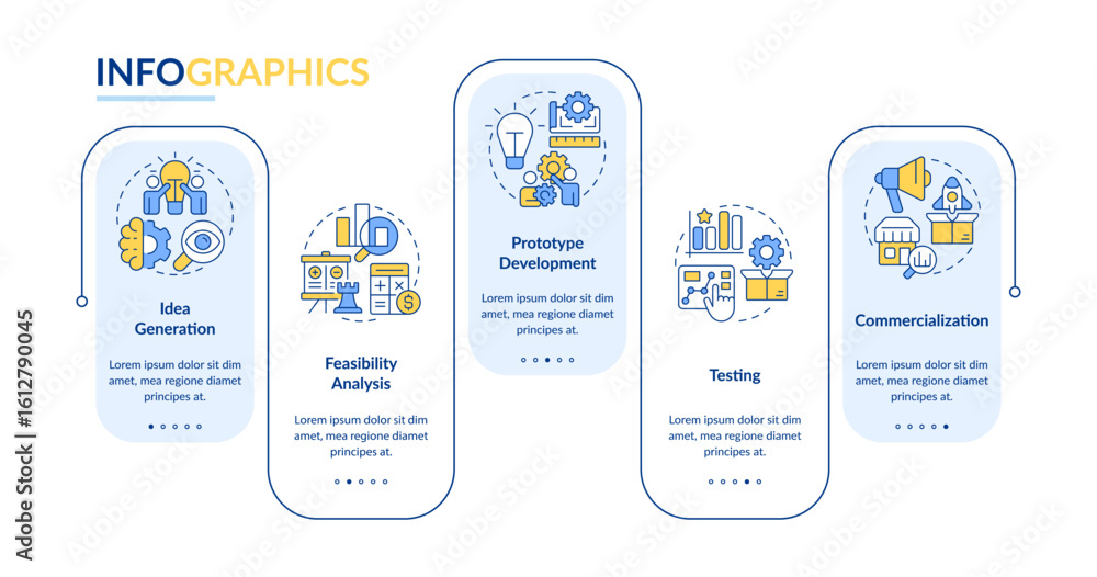 Poster innovation funnel rectangle infographic vector. marketing research and development strategy. data vi