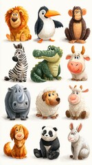 Collection of colorful cartoon animals including lion, panda, and monkey in playful poses suitable for children's decor