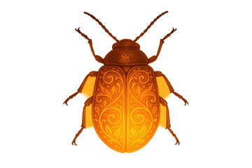 Golden beetle sporting intricate floral design, resting on transparent surface, radiating mystical elegance