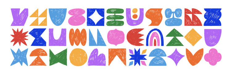 Colorful crayon drawn funky childish shapes and brutal figures. Naive playful geometric shapes with pencil rough texture. Childish stickers. Naive playful forms. Pen scratched figures.