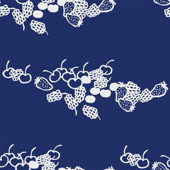 Fresh, minimalist seamless pattern featuring hand drawn berries and fruits in white brush line, scattered across a deep blue background. Ideal for food packaging, kitchenware, and modern design projec