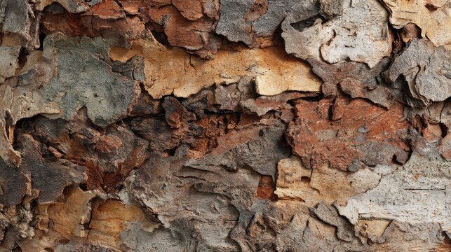 Layers of bark display a variety of earthy tones and textures, showcasing the natural beauty of aging wood. This close-up captures the unique characteristics of tree growth over time.