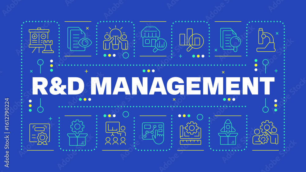 Poster research and development management blue word concept. innovations strategy in organization. horizon