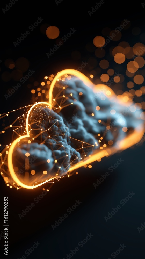 Poster two glowing hearts intertwined with digital network lines and particles, set against a dark backgrou