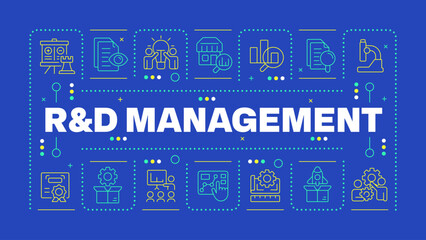 Research and development management blue word concept. Innovations strategy in organization. Horizontal vector image. Headline text surrounded by editable outline icons. Hubot Sans font used