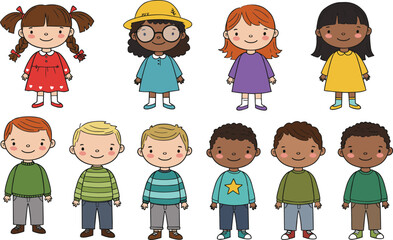 Cartoon Group of Diverse Happy Children in Colorful Clothes – Vector Illustration for Education, Childhood, Lifestyle, and Character Design