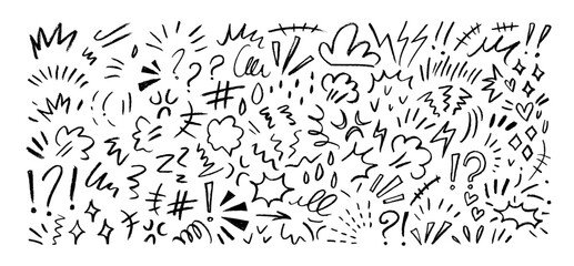 Line movement element, crayon drawn emotion effect decoration icons. Doodle emphasis elements. Comic movement, express lines and shapes. Vector illustration, wind, sparkle, question, shine sunburst.