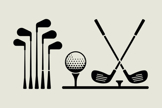 Stylized silhouette of golf clubs and ball on tee