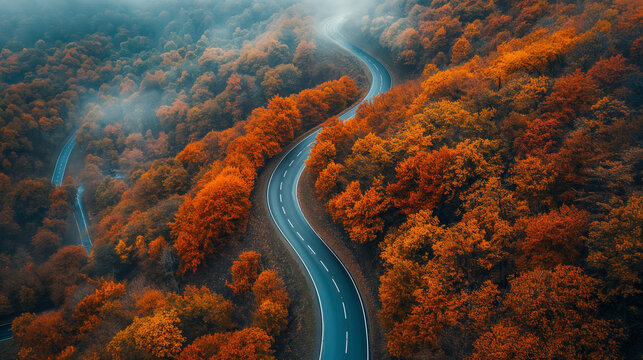 Aerial view of a winding road through a vibrant autumn forest