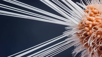 An abstract organic form with delicate white filaments extending outward in a macro view, creating a surreal and scientific visual experience - Powered by Adobe