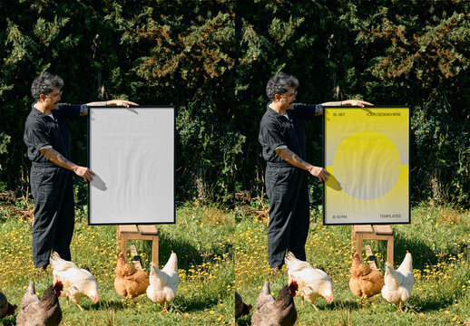 Mockup Of Man With Vertical Customizable Framed Poster And Hens