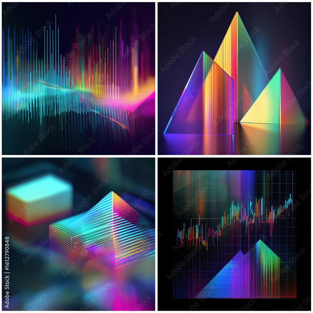 Poster abstract digital art featuring vibrant neon light patterns, geometric shapes, and colorful graph-lik