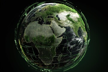 Digital globe visualization showing Africa, Europe, and parts of Asia with green data points and futuristic grid overlay on a dark background.