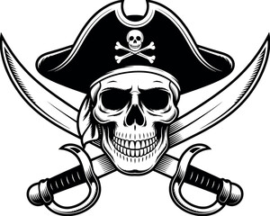 Pirate skull and crossbones with crossed sabers and tricorne hat