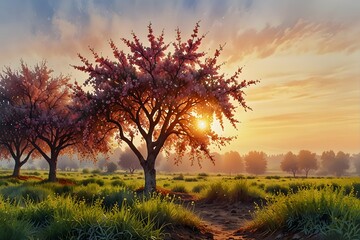Cherry orchard at sunrise in watercolor style