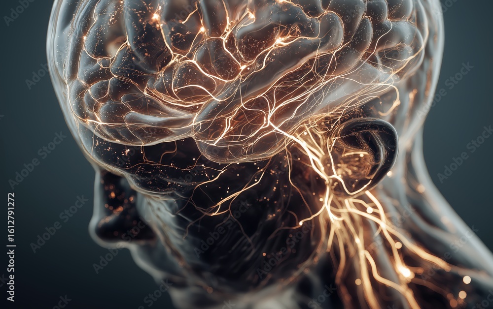 Poster a detailed digital visualization of a human brain and nervous system glowing with neural activity in