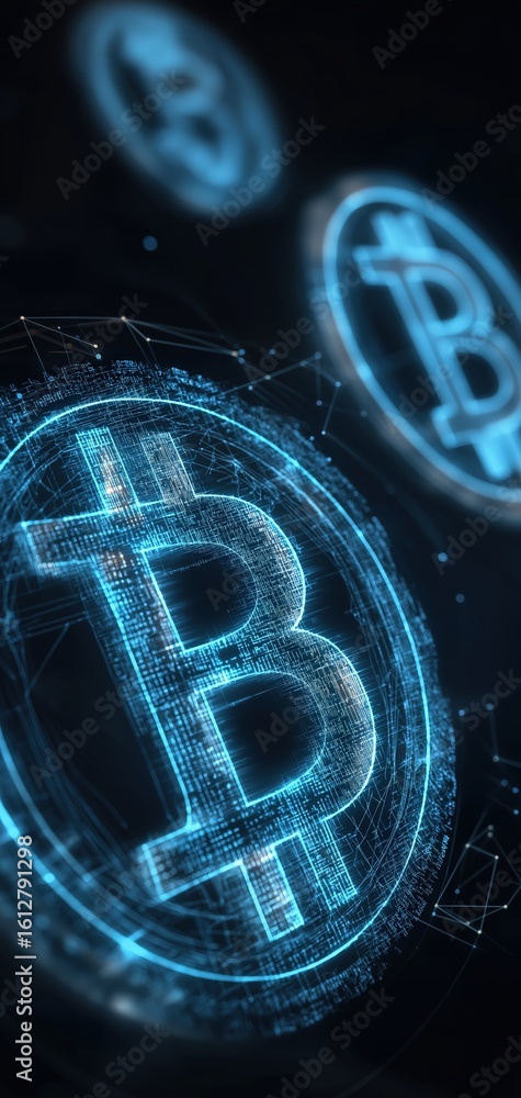 Poster digital representation of bitcoin symbols with a futuristic blue and black theme, highlighting block