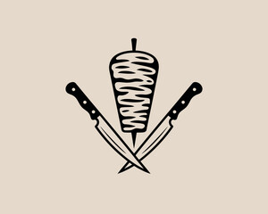 Doner kebab meat vertical skewer with crossed knives emblem