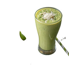 3d vibrant green smoothie with coconut flakes