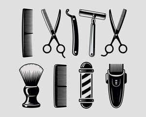 Vintage barber tools collection with scissors comb razor shaving brush and pole