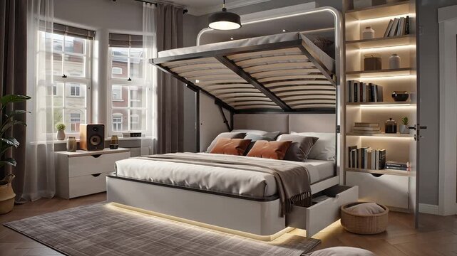Modern and stylish murphy bed design with open bed in a contemporary bedroom interior featuring a comfortable mattress, pillows, and elegant decor, creating a cozy and inviting atmosphere