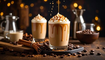 Two caramel-drizzled coffee drinks with whipped cream, cinnamon sticks, and coffee beans