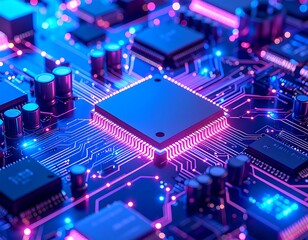 Circuit board with glowing CPU