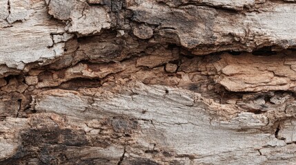 A close-up view of rustic bark reveals intricate textures and natural variations. The organic patterns highlight the beauty of weathered wood found in a tranquil forest environment.