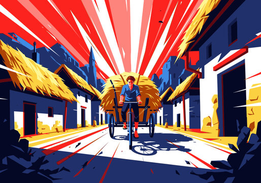 A cyclist transports a large load of hay on a cart through a village in a dynamic graphic style.