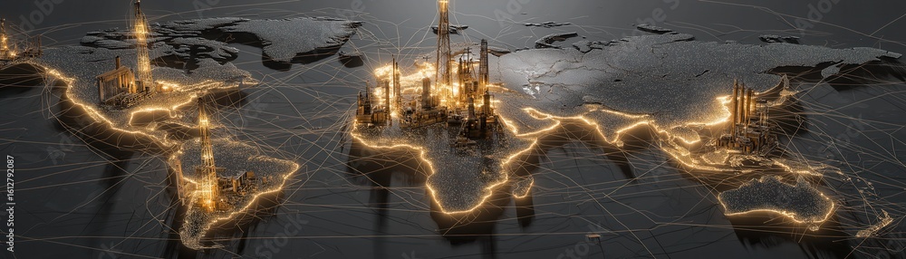 Poster illuminated 3d world map with glowing cityscapes and interconnected golden networks symbolizing glob