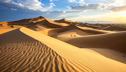 Rolling sand dunes bathed in golden sunlight under a partly cloudy sky