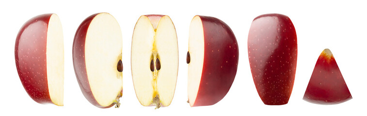 Bright red apples rich collection, perfect red apples cut on slices, quarters with tails, seeds,...