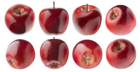 Fresh red apples rich collection - whole glossy red apples with tail, different sides, isolated on white background. Studio shot. Summer natural healthy food, fruits as design elements.