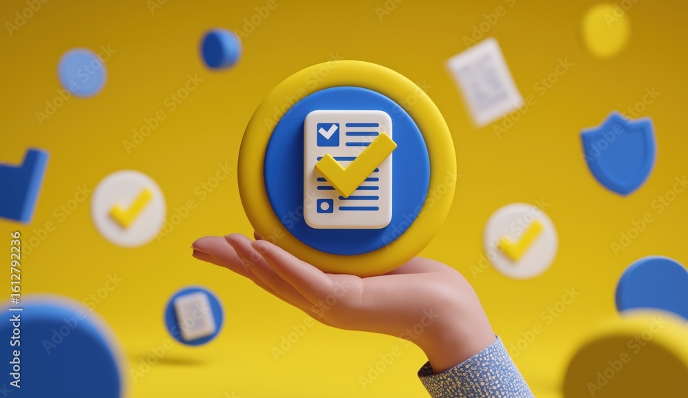 Poster a hand holds a 3d icon of a checklist with a yellow checkmark, surrounded by floating checkmark and 