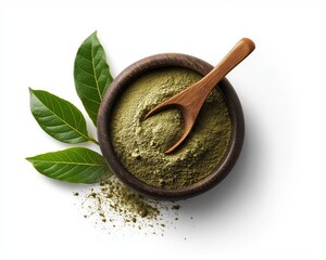 Green powdered herb in a wooden bowl with a small wooden spoon, accompanied by fresh green leaves on a white background.