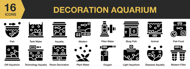Decoration Aquarium solid icon set. Includes bubbles, tank, water, seaweed, stones, and More. Solid icons vector collection.