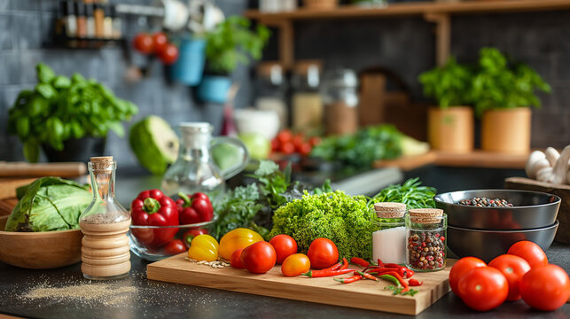 Fresh vegetables and herbs on a kitchen countertop ready for cooking