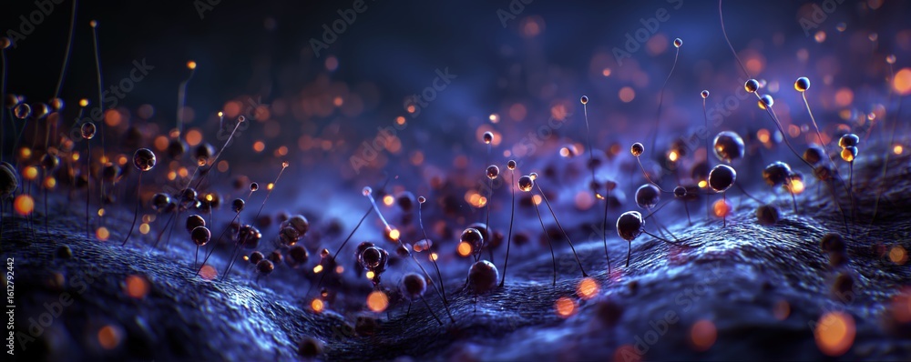 Poster abstract close-up of tiny glowing spheres connected by thin filaments on a textured surface, creatin