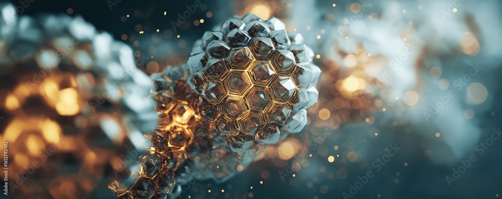 Poster close-up of a complex, futuristic molecular structure with hexagonal patterns and glowing golden hig