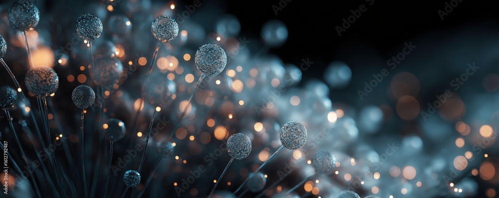 Poster close-up of delicate, spherical structures resembling dandelion seeds with glowing, bokeh lights in 