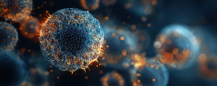 A detailed 3D rendering of a virus particle showing a complex outer surface with spike proteins, set against a blurred background.
